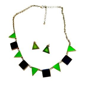 Green and Black Vintage Geometric Necklace and Earrings